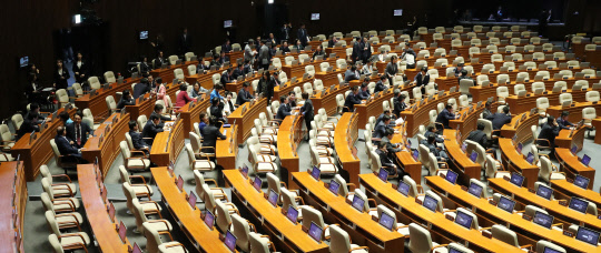 정세균 국회의장이 '6·13 지방선거' 출마의원들의 사직 안건 처리 등 국회 현안을 놓고 본회의를 소집한 14일 오후 더불어민주당 의원들이 본회의장에서 야당 의원들의 입장을 기다리고 있다.